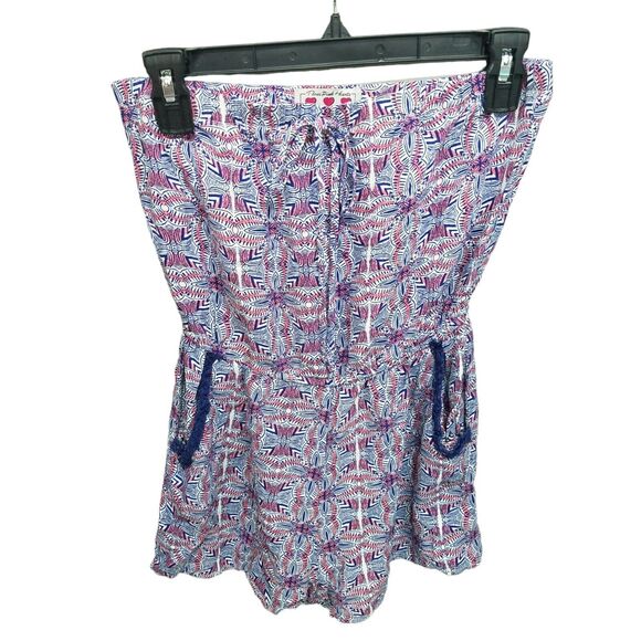 Three Pink Hearts Womens Sz S Blue Red Geometric Strapless Romper - Picture 1 of 9